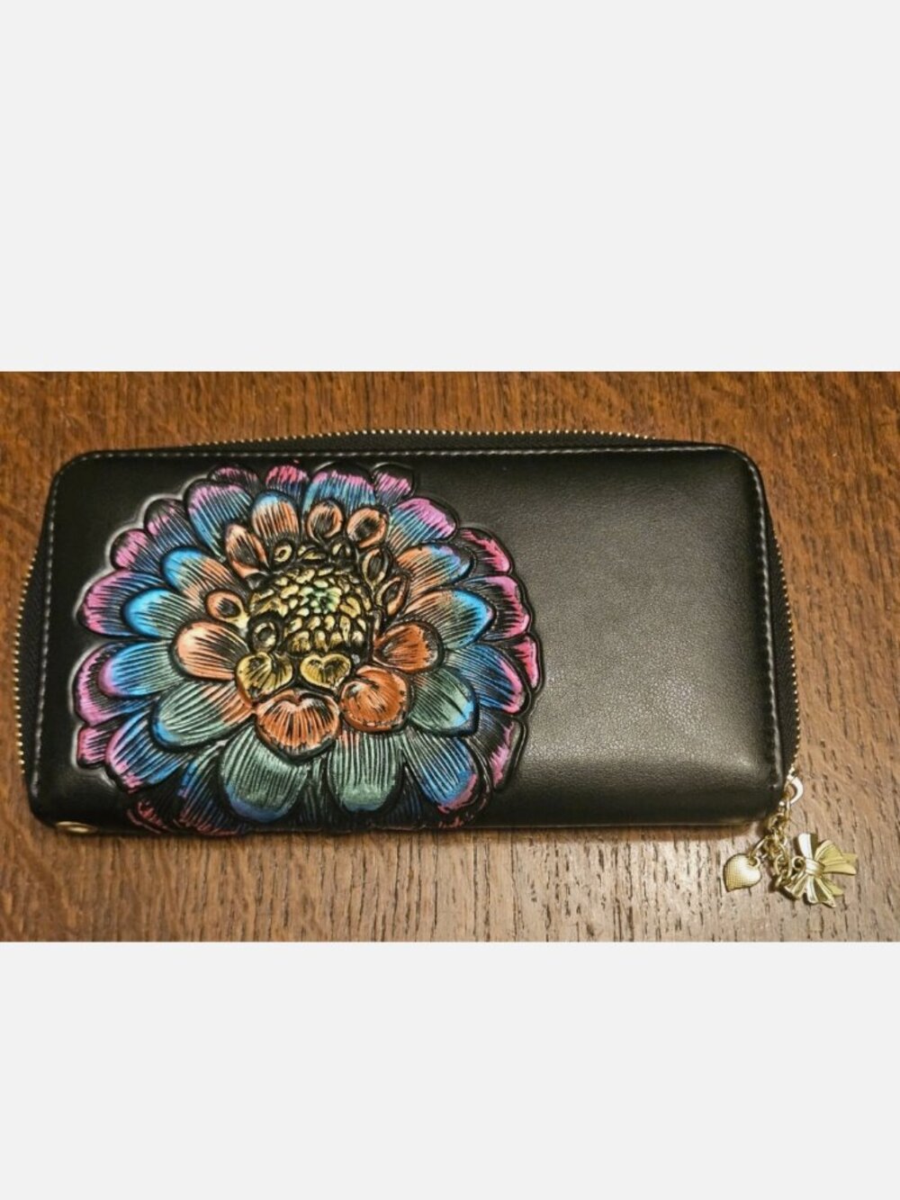 Black Owl Design 3d Hand Painted Zinnia on Black Leather Wallet